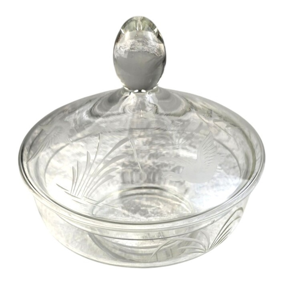 Vintage Anchor Hocking Clear Glass Lidded Bowl 7" Etched Birds Grasses Decor USA